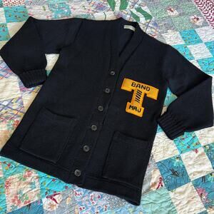 Vintage 50s Black Worsted Wool Chenille Letter Band Cardigan Sweater S